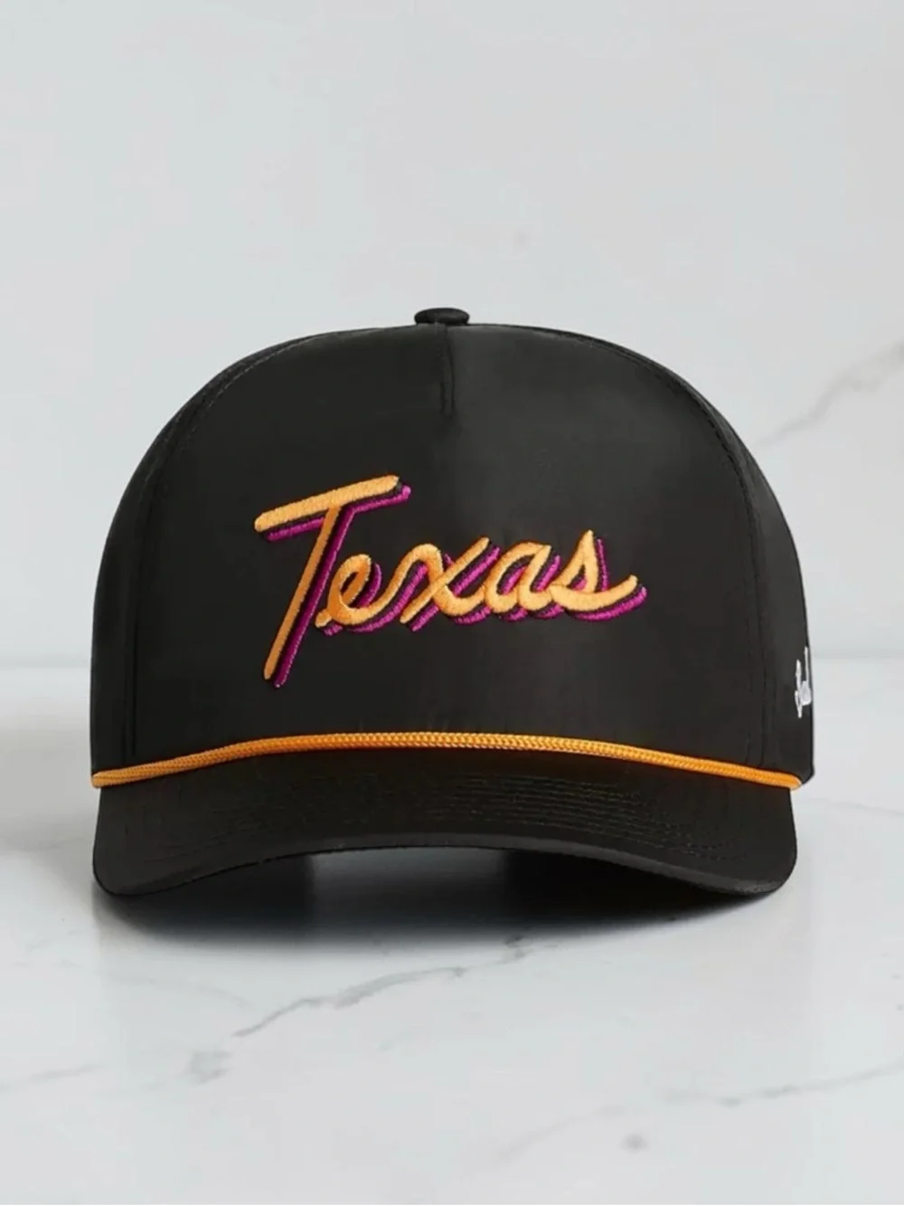 Bad Birdie State Rope Golf Hat Texas Script Black Gold Pink